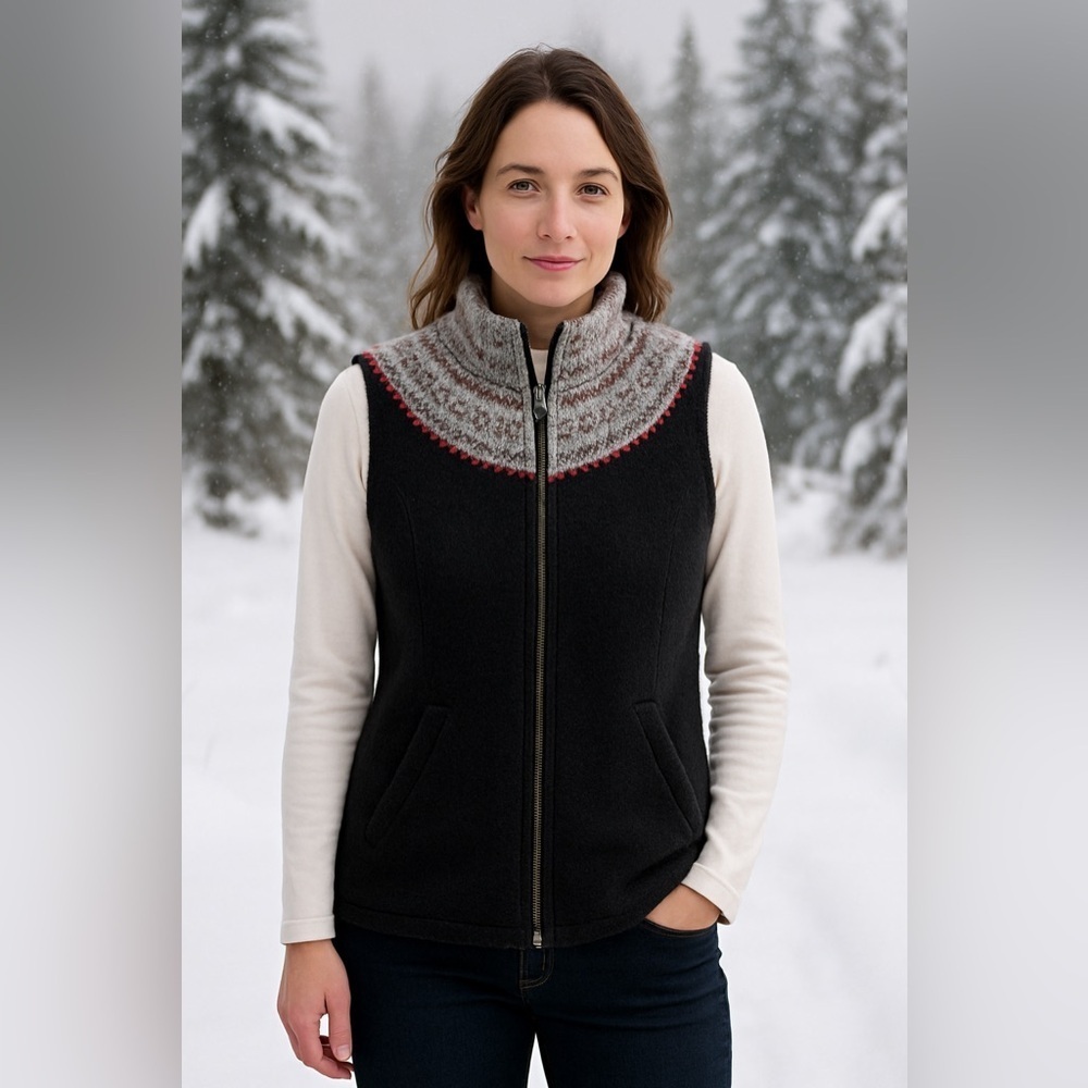 Woolrich Lambswool Blend Nordic Sweater Vest Black Fair Isle Zip Front M